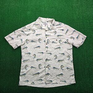 Ocean Coast Shirt Mens Large Beige Button Up Fish‎ Print AOP Rayon Camp Fishing